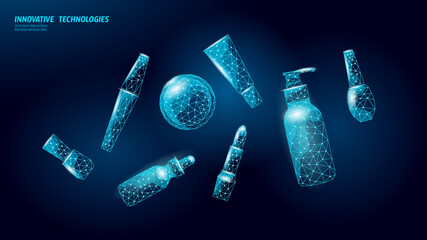 Cosmetics products digital low poly style. Includes lipstick, mascara, cream, polish. Beauty, skincare, or wellness brands advertising. Geometric mesh, dark blue background, futuristic vibe.