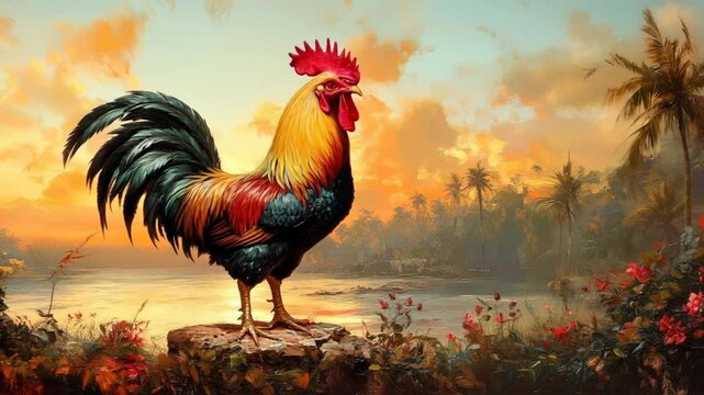 Majestic rooster crowing at sunrise in a tropical, vintage-style landscape painting.