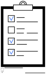 Clipboard featuring checklist with blue checkmarks and blank spaces. Ideal for productivity, organization, task prioritization, planning, project management, quality control, flat simple metaphor