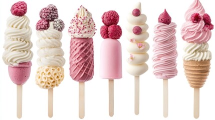 Colorful, decorative ice pops with whipped cream and berries.  Various textures and designs on each popsicle