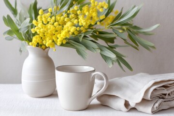 Fototapeta premium Elegant still life composition featuring a white ceramic mug beside a soft linen cloth, complemented by a vibrant bouquet of yellow mimosa flowers in a simple vase