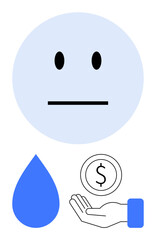 Neutral face symbolizes sadness, paired with a tear. Below, hand holding a monetary coin illustrates generosity, compassion. Ideal for empathy-related issues, financial aid, mental health