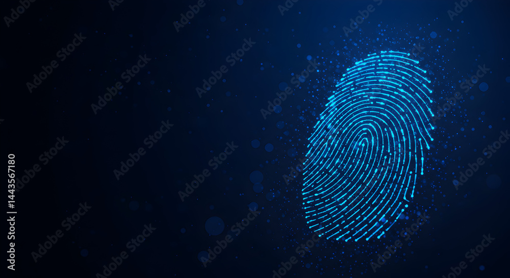 Poster glowing blue fingerprint scan with abstract geometric pattern data security concept