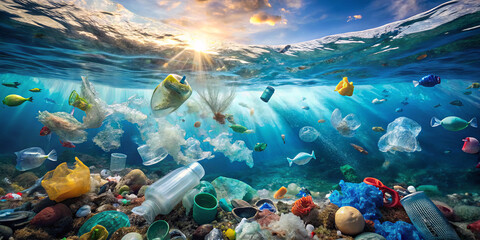 Underwater view reveals a collection of plastic waste and debris polluting the ocean floor. Sunlight filters through the water, highlighting the urgent need for environmental awareness and action