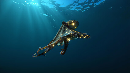 An octopus with vibrant colors floats effortlessly in the ocean. Sunlight penetrates the water, creating a mesmerizing effect around the creature as it navigates its surroundings