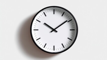 Round wall clock with a black frame and a white background. the clock face is round and has a black hour hand and minute hand.