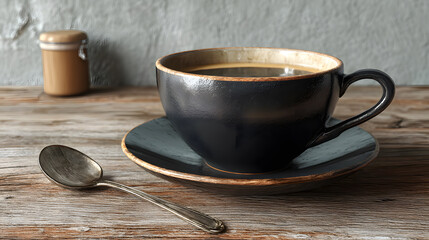 Black Coffee Cup with Spoon on Wooden Table – Photorealistic 3D Render Mockup
