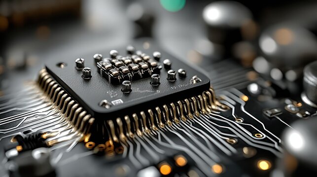 Close-up view of a microprocessor on a circuit board.  Complex circuitry, gold contacts, and tiny components are visible