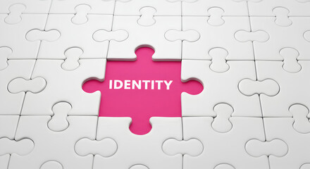 Fototapeta premium Jigsaw Puzzle with Missing Piece Revealing the Word Identity on Pink Background