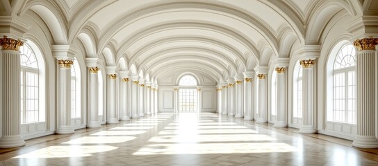 Sunlit grand hall with arched ceilings, columns, and large windows.
