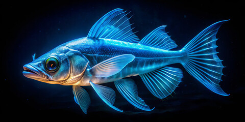 A stunning blue fish moves elegantly through dark waters, with iridescent scales reflecting light and vibrant fins adding to its beauty. The aquatic atmosphere enhances its striking appearance