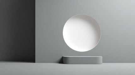 Modern and minimalist design of a round mirror on a white pedestal in an empty room. the mirror is placed against a plain grey wall, and the pedestal is placed on the floor in front of it.
