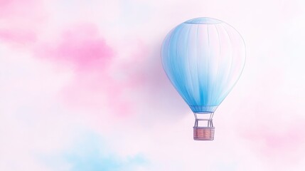 Obraz premium Blue hot air balloon floats peacefully through soft pink and blue pastel clouds during a serene daytime flight.