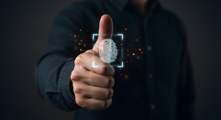 Man Gives Thumbs Up with Holographic Fingerprint Scan Overlay in Dark Studio Setting
