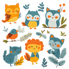 Fototapeta premium Set of animals hand drawn cartoon on white background.Wild,farm,pet animal colection.Cute character desig