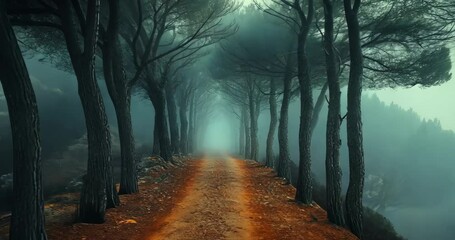 A dirt road winds through a mysterious forest shrouded in fog. - Powered by Adobe