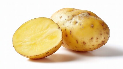 Fresh raw potato with half showcasing yellow flesh on white background