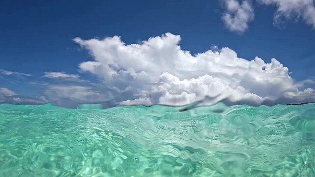 Clear turquoise water above the underwater scenery of Bora Bora, with bright sunlight illuminating the surface and clouds in the sky above.
