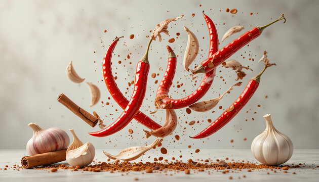 Fresh red chilies, garlic, and cinnamon clash in a dynamic arrangement against a neutral backdrop, showcasing the vibrant colors and textures of essential cooking ingredients