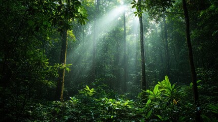 Obraz premium Sunlight piercing a lush, verdant rainforest. Sunlight streams through the dense canopy, illuminating the forest floor. A scene of profound tranquility and natural beauty