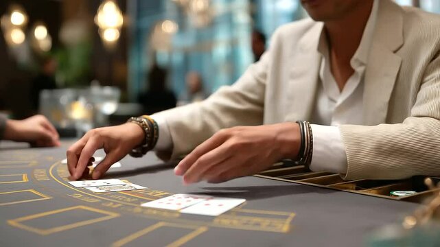 A dealer expertly handling cards at a baccarat table