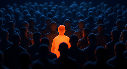 Vibrant Orange Figure Stands Out Among a Crowd of Dimly Lit Blue Silhouetted Individuals in a Modern Geometric Style