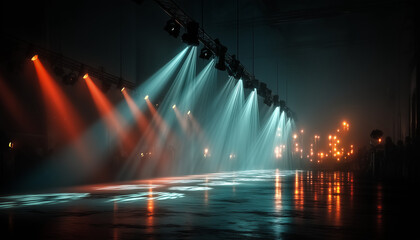 a lot of spot lights pointing on a stage. 