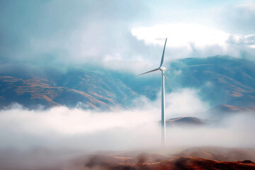 Wind turbine towering above morning fog in the mountains
