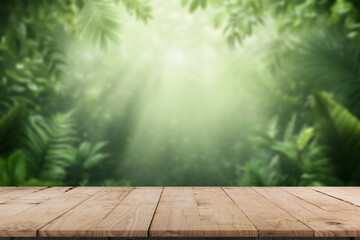 Wooden floor perspective and green forest with ray of light.