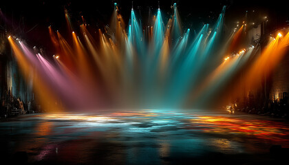 clolorful stage lights pointing on the middle of the stage.
the stage are empty. in a club