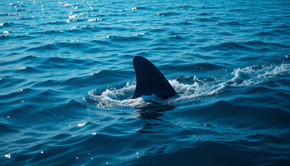 Naklejka premium A shark fin breaks the surface of the clear blue ocean, creating ripples in the water. The sun shines brightly, showcasing the tranquil environment around it