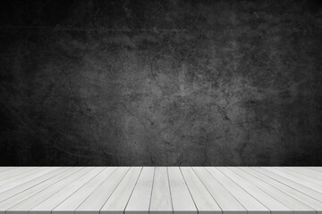Empty wooden table with smoke float up on dark background