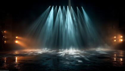 spot lights pointing on a big stage. the stage is empty and clear