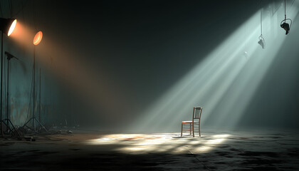 spotlight on stage pointing on a chair. empty stage with no person on it 