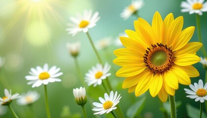 Fototapeta premium One bright yellow sunflower among white daisies, bright, texture, outstanding