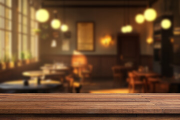 Empty wood table top on blur light gold bokeh of cafe restaurant