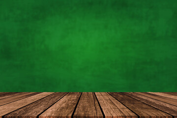 Wood table green wall background with sunlight window create leaf shadow on wall with blur indoor green plant foreground.panoramic banner mockup for display of product.eco friendly interior concept
