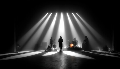 night club stage in black and withe with four pepole on it 
