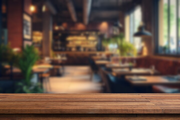 Empty wood table top on blur light gold bokeh of cafe restaurant