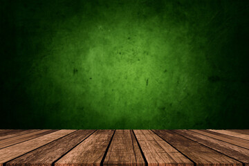 Wood table green wall background with sunlight window create leaf shadow on wall with blur indoor green plant foreground.panoramic banner mockup for display of product.eco friendly interior concept