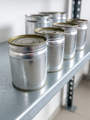 Metal cans lined up on a shelf in an industrial setting.