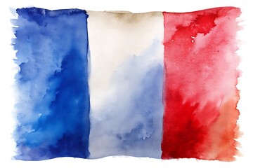 French Flag Watercolor: A vibrant and abstract watercolor painting of the French flag, showcasing the colors blue, white, and red in a stylized and artistic manner.