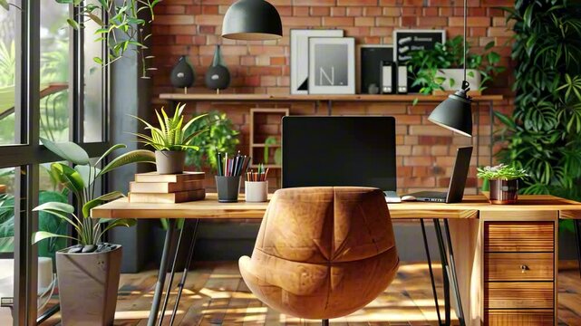 Stylish home office interior with wooden desk, laptop, potted plants and exposed brick wall under natural sunlight. Concept of modern remote workspace