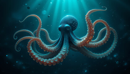 An octopus glides through clear blue water, showcasing its vibrant colors and intricate textures. Bubbles rise around it while sunlight filters down, creating an enchanting underwater ambiance