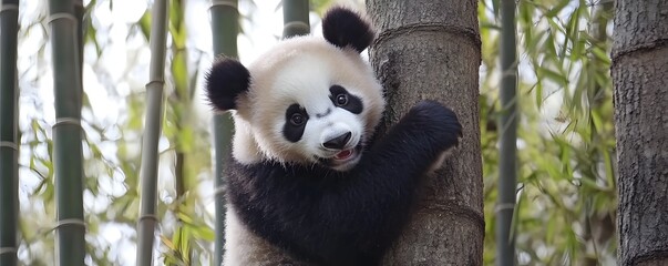 Obraz premium Adorable panda cub climbs a tree trunk in a forest