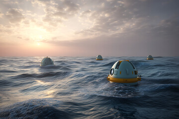 Wave energy converters in the ocean at sunrise