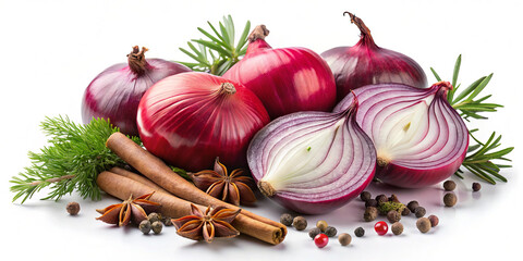 Fresh red onions are beautifully arranged with cinnamon sticks, star anise, black pepper, and fresh herbs, showcasing vibrant colors and textures in a well-lit setting