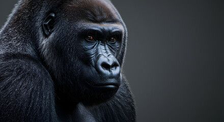 Obraz premium Close Up Portrait of a Gorilla with Dark Fur Against a Dark Gray Background