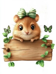 A 3D vintage wooden carved wall shelf, front view, spring season, a wooden sign perched with a brown cute baby hamster, it has big eyes, a green and white striped bow on its head, there are green