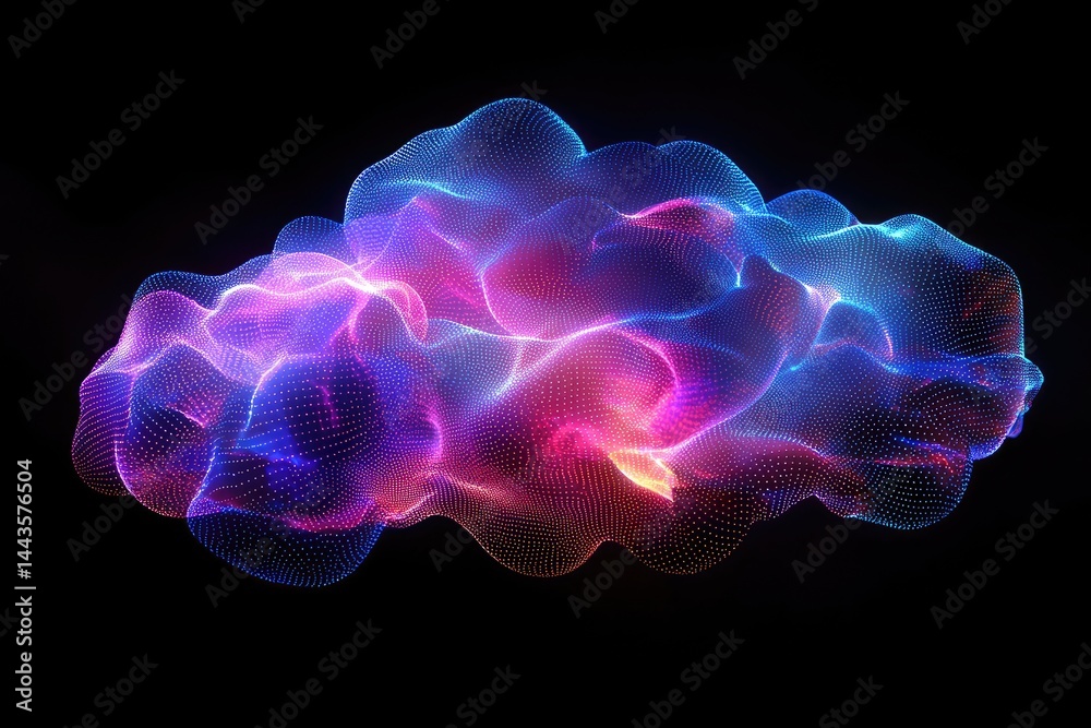 Poster glowing neon cloud with dotted mesh on black background. great for cloud storage, big data, networki